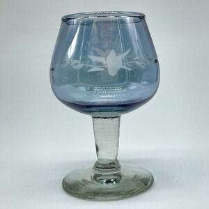 Vintage Blue Flash Cordial Glass Etched Floral 2.75" Liqueur Stemware
